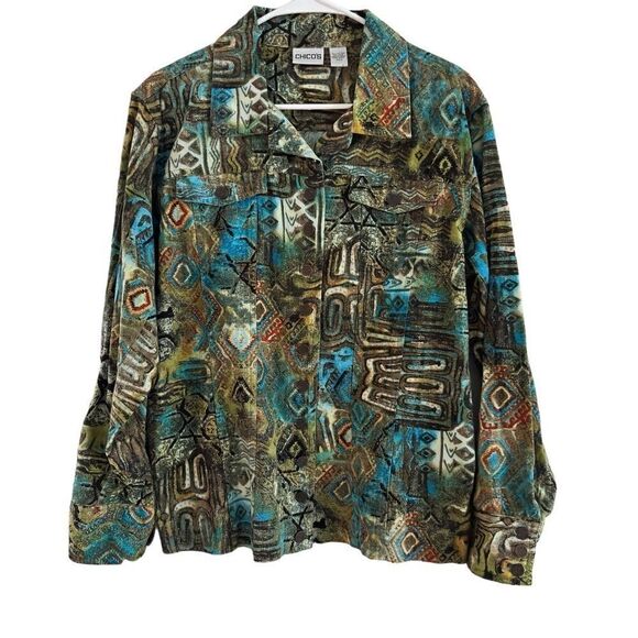 Chico’s Jacket Aztec Southwestern Sante Fe Cotton Linen Blend Women’s L (size 2) - Picture 1 of 6